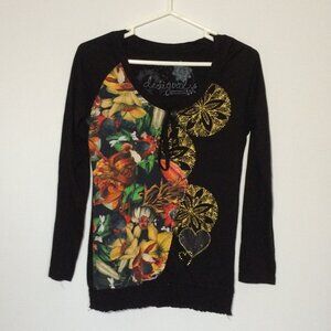 Desigual Womens Top Medium Black Multicolor Floral Print Glitter Long Sleeve